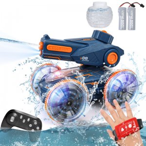 Amphibious Remote Control Car Boat + Water Gun Toy, RC Stunt Car with Gesture Sensing, Lights, 4WD, 360?? Rotation - for Kids 6+, Beach and Pool Fun, Idea for Boys and Girls